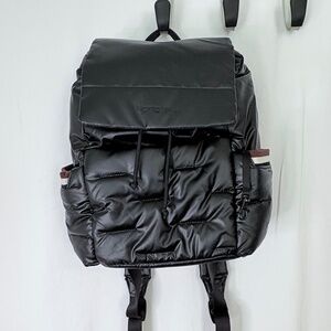 HEDGREN Cocoon Billowy Backpack w Flap back, Black/Brown/White stripe accent